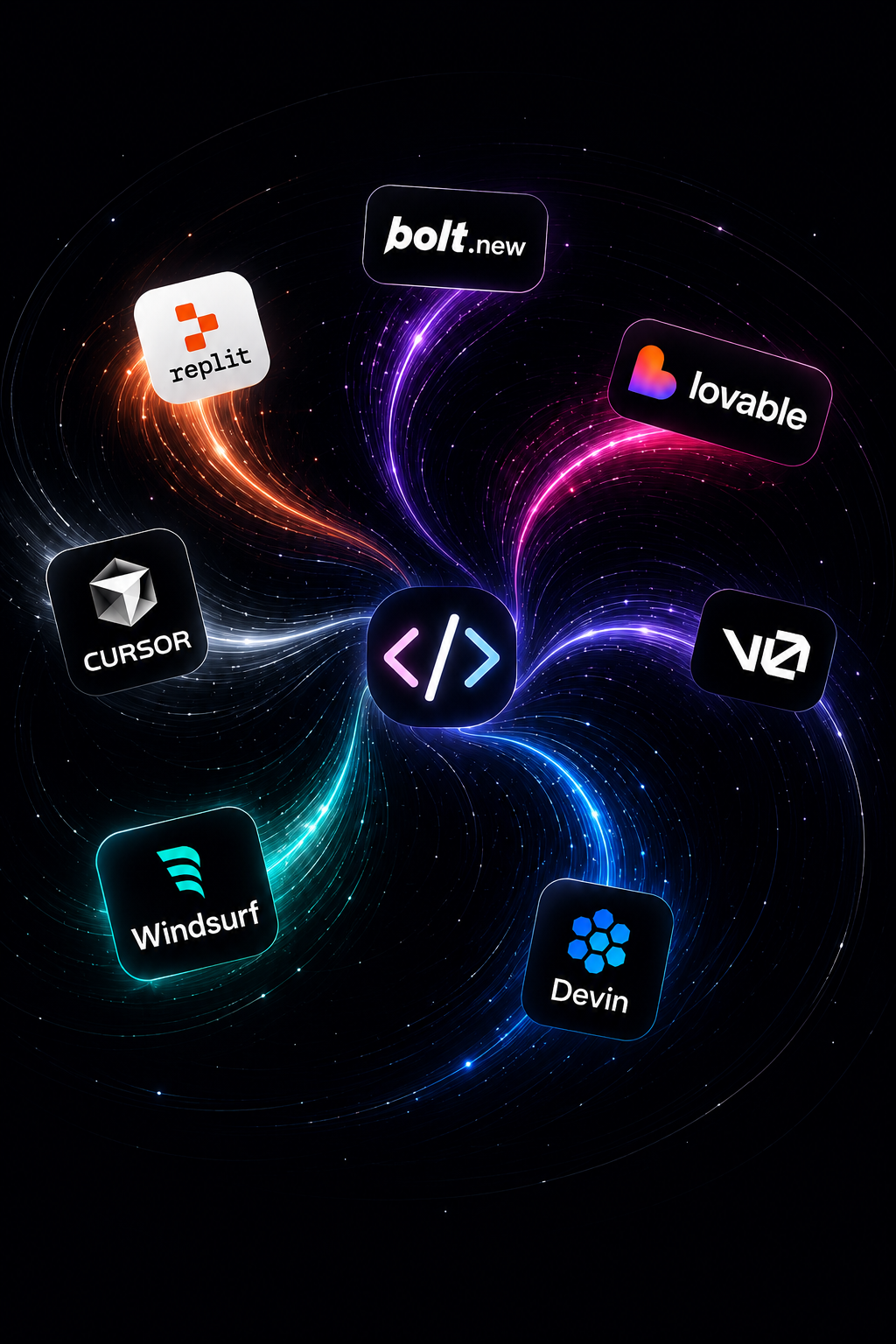 A swirl of AI coding tool logos — Lovable, Replit, Bolt.new, Cursor, v0, Windsurf, and Devin